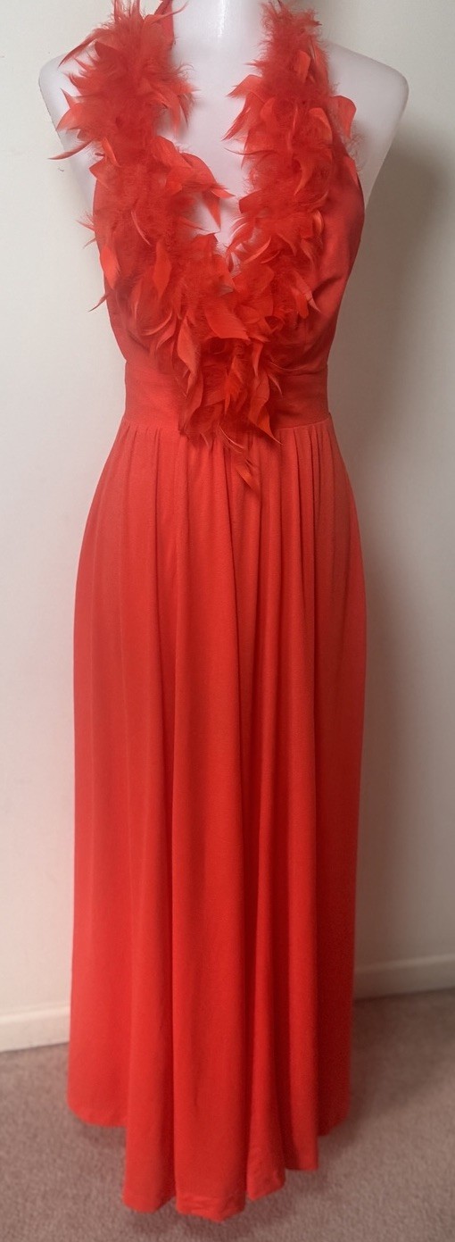 VTG Climax by David Howard Feather Neck Halter Dress Womens Size 5/6 Coral