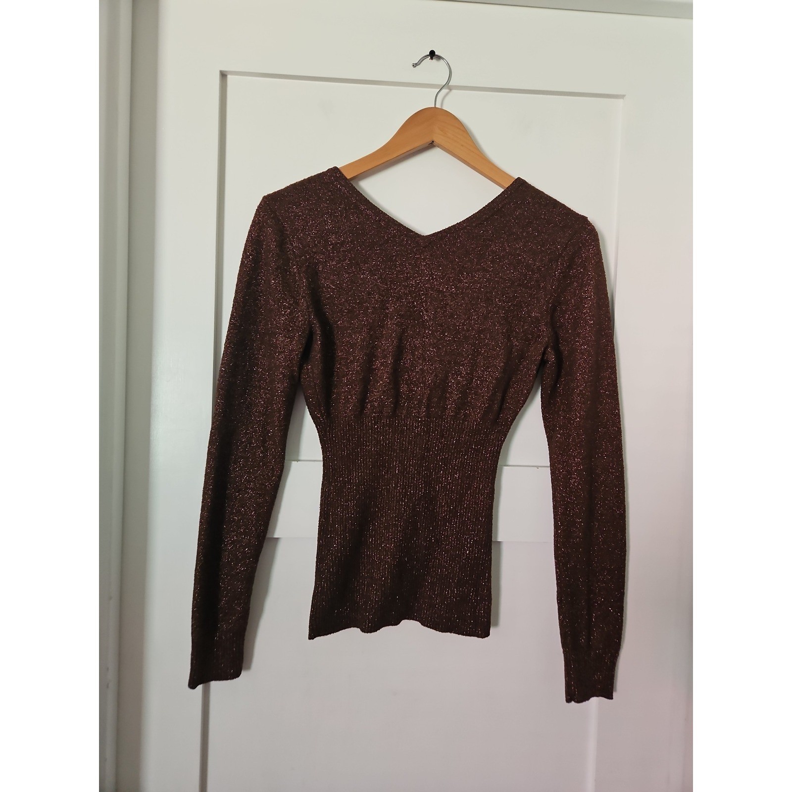 Caché Metallic Knit Top M Medium Bronze Brown Glitter Shimmer Wrap Sweater VTG