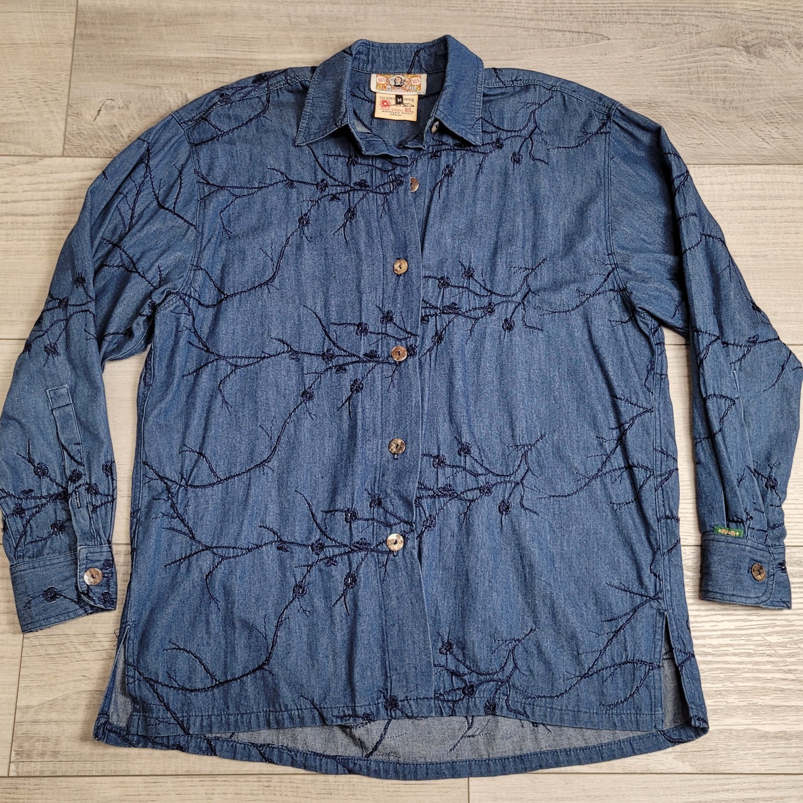 Vintage Gene Ewin BIS Shirt Womens M Wrinkled Rich Denim Embroidered 90&rsquo;s USA