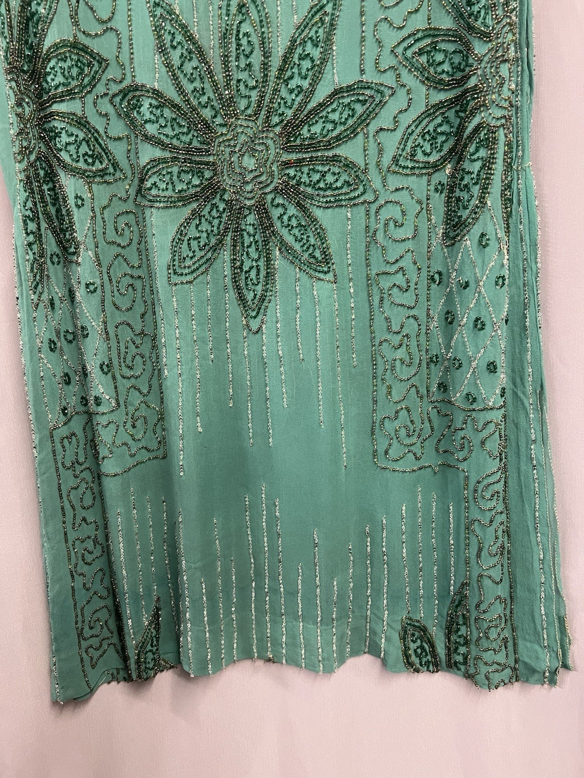 Beautiful 1920’s Green Silk Chiffon Beaded Evening Gown