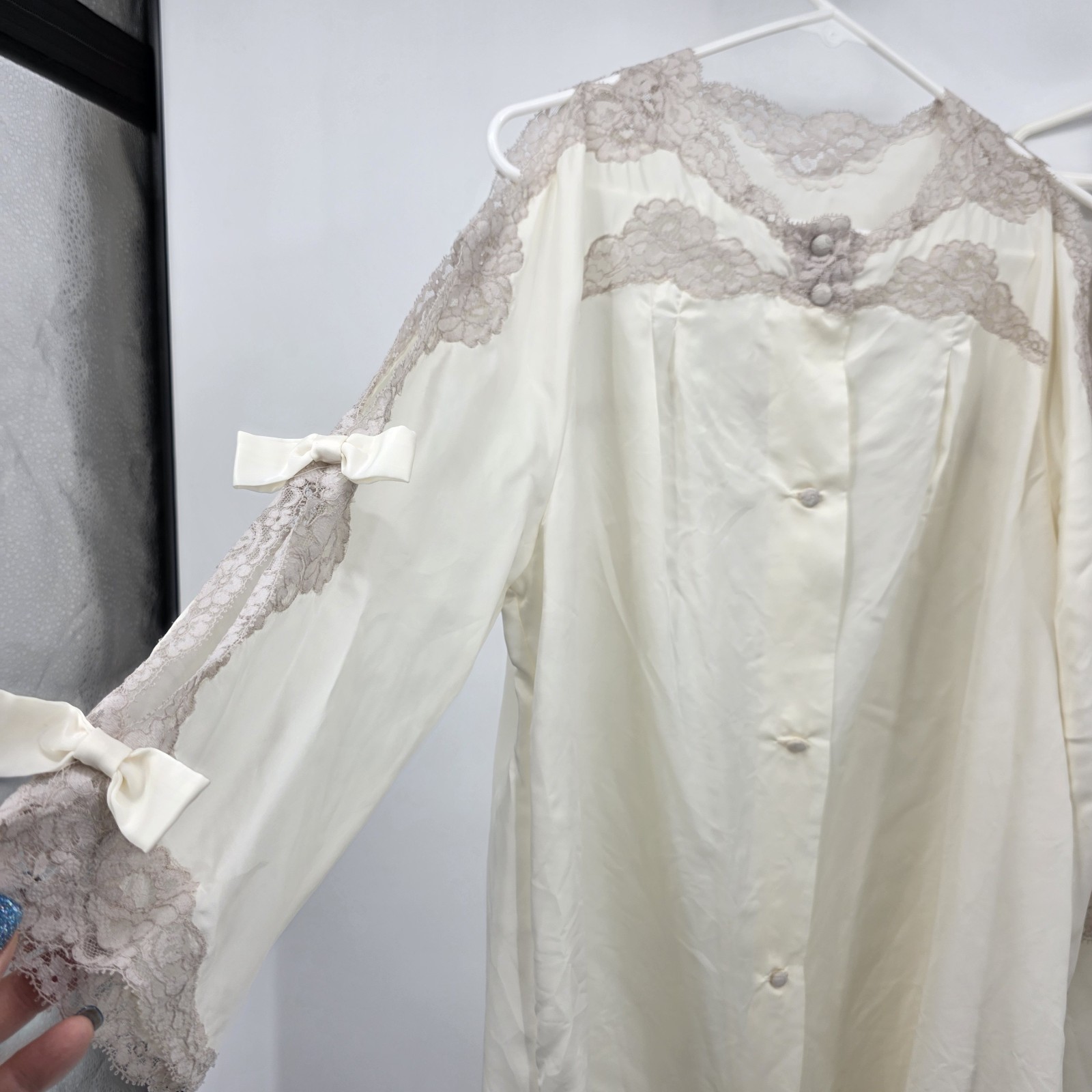 Vintage 1970s Eyeful by Flaums Peignoir Set Ivory Lace Silk Blend Union Made