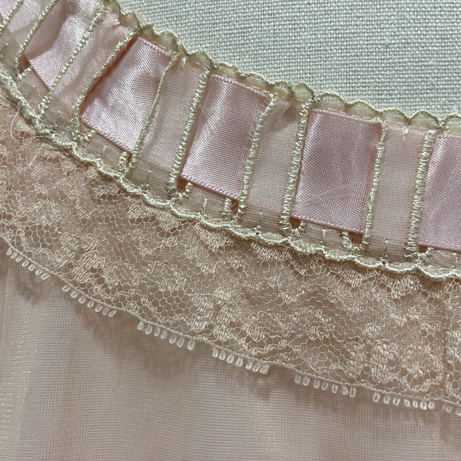 Vintage 60s Odette Barsa Pink Nylon Chiffon Ribbon Lace Maxi Nightgown Size M