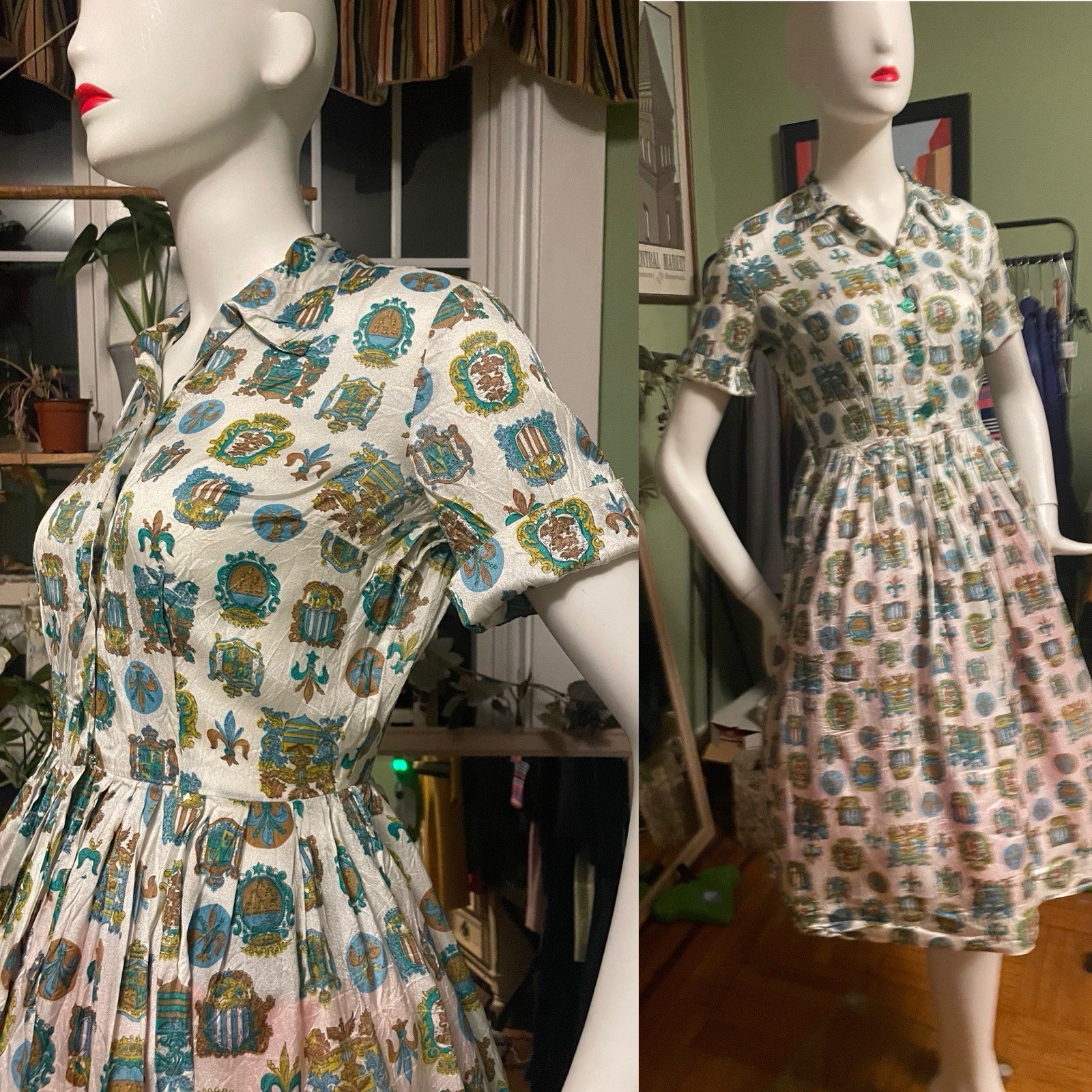 Vintage 50s Print Graphic Rockabilly Shirt Waist Dress Fit Flair S 36 ~ 26