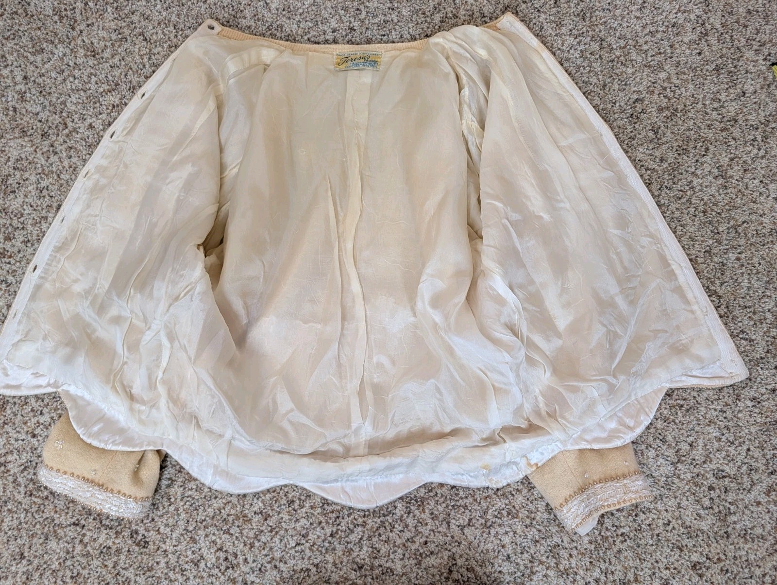 Vintage 1950s Hand Beaded Cardigan Cream With White Floral Beading Size Small