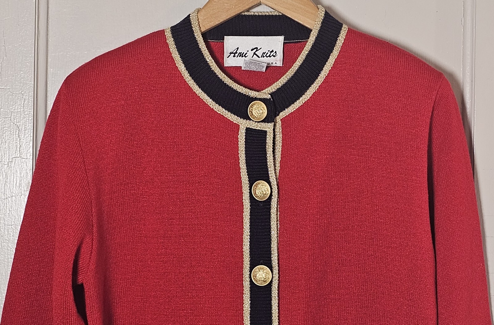 VTG Sweater Blazer Ami Knits Size 6 Red Gold Button X-mas Glam Mob Wife Holiday