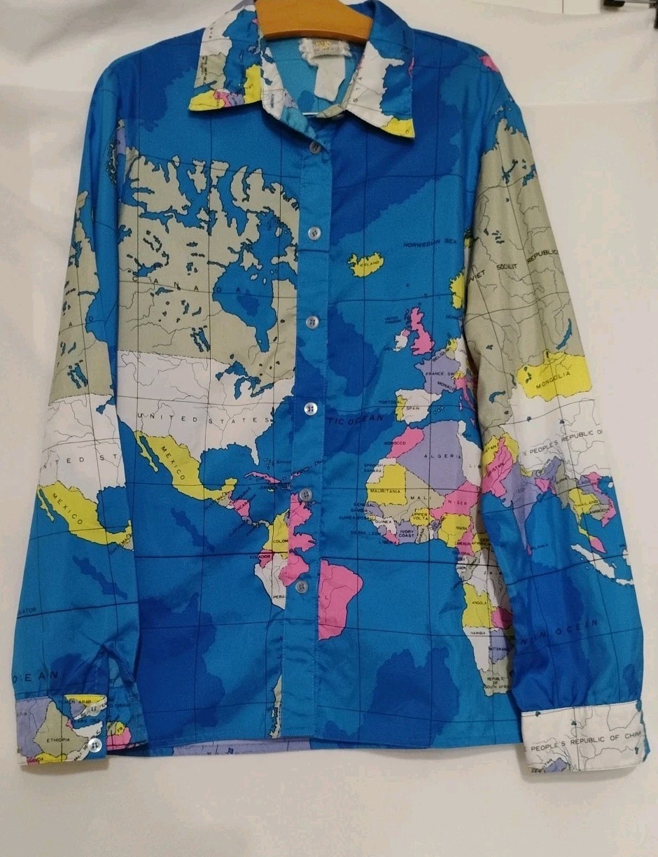 Vintage King James Shirt Womens Sz Small/Med World Map All Over Print Globe