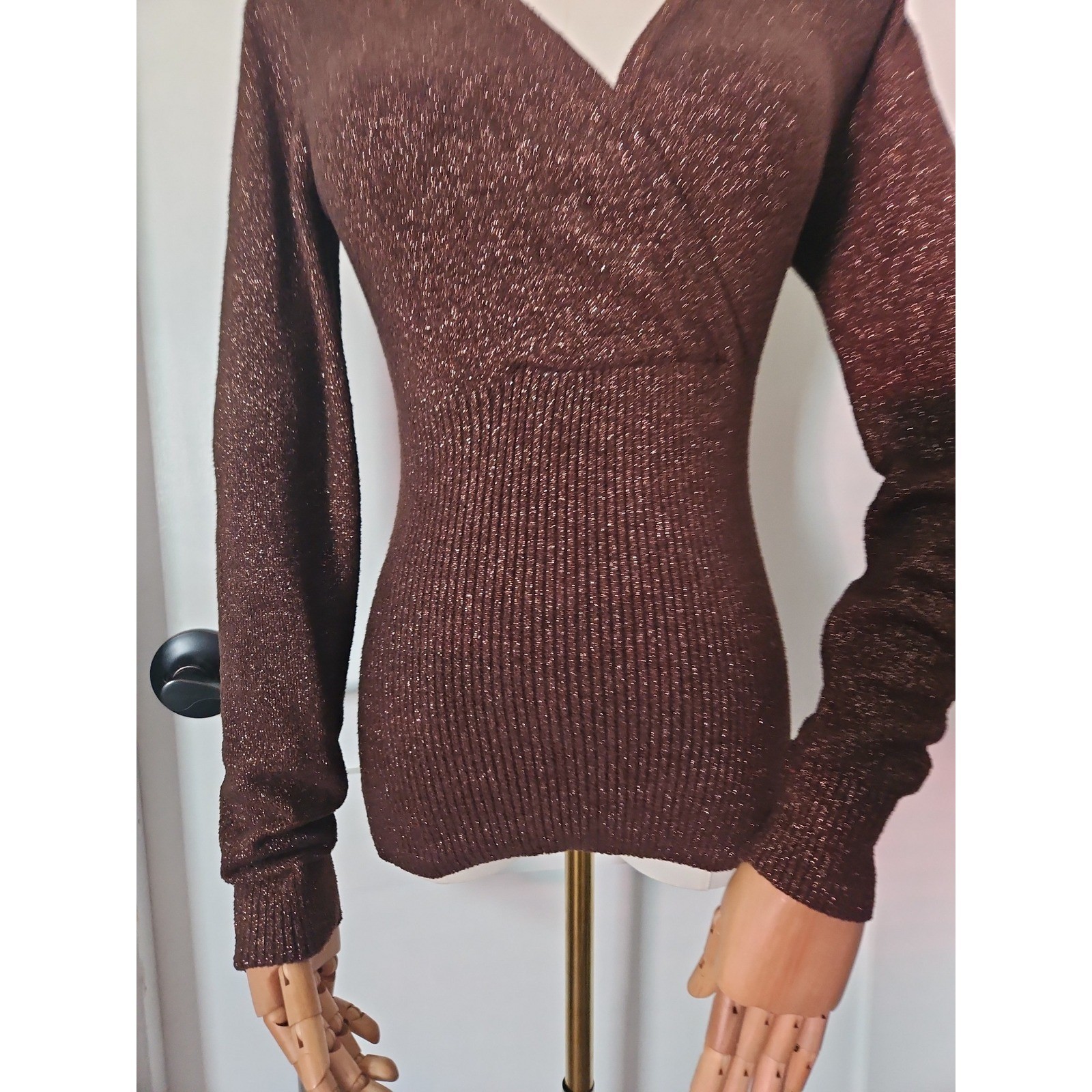 Caché Metallic Knit Top M Medium Bronze Brown Glitter Shimmer Wrap Sweater VTG