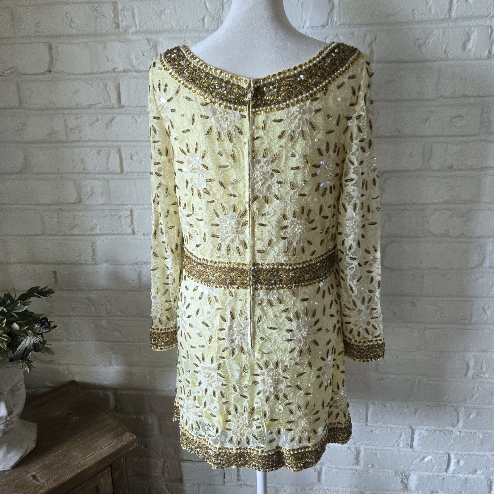 Vtg 60s 70s Beaded Tunic Top & Pants Set, Yellow & Gold, Vacation, S