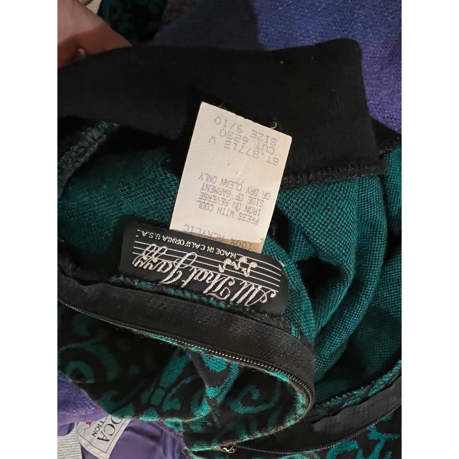 80s All That Jazz Teal Black Damask Peplum Sweater Mock Neck Padded Shoulder M