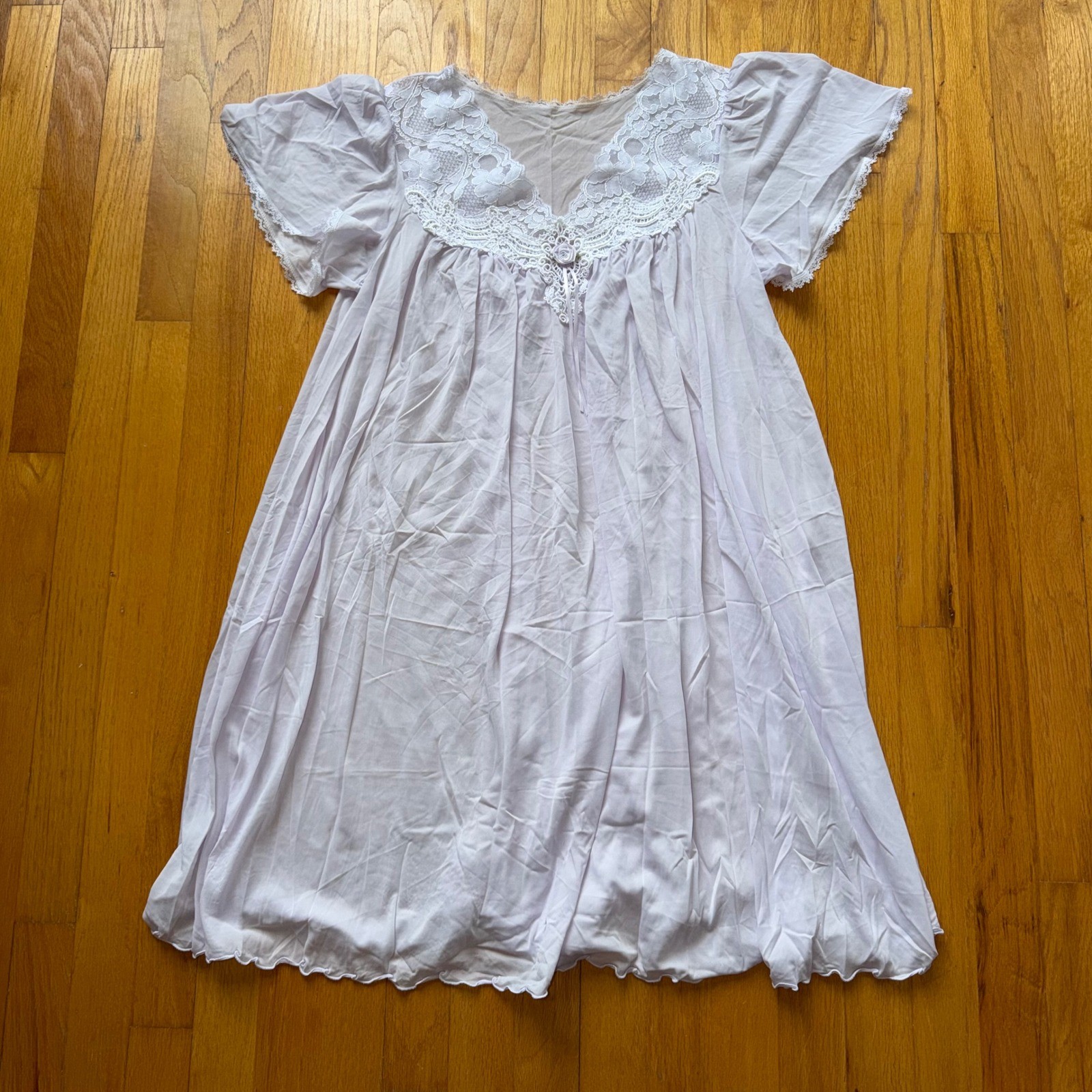 Vintage Lavender Lace Babydoll Nightgown Floral Embroidery Flutter Sleeve S/M