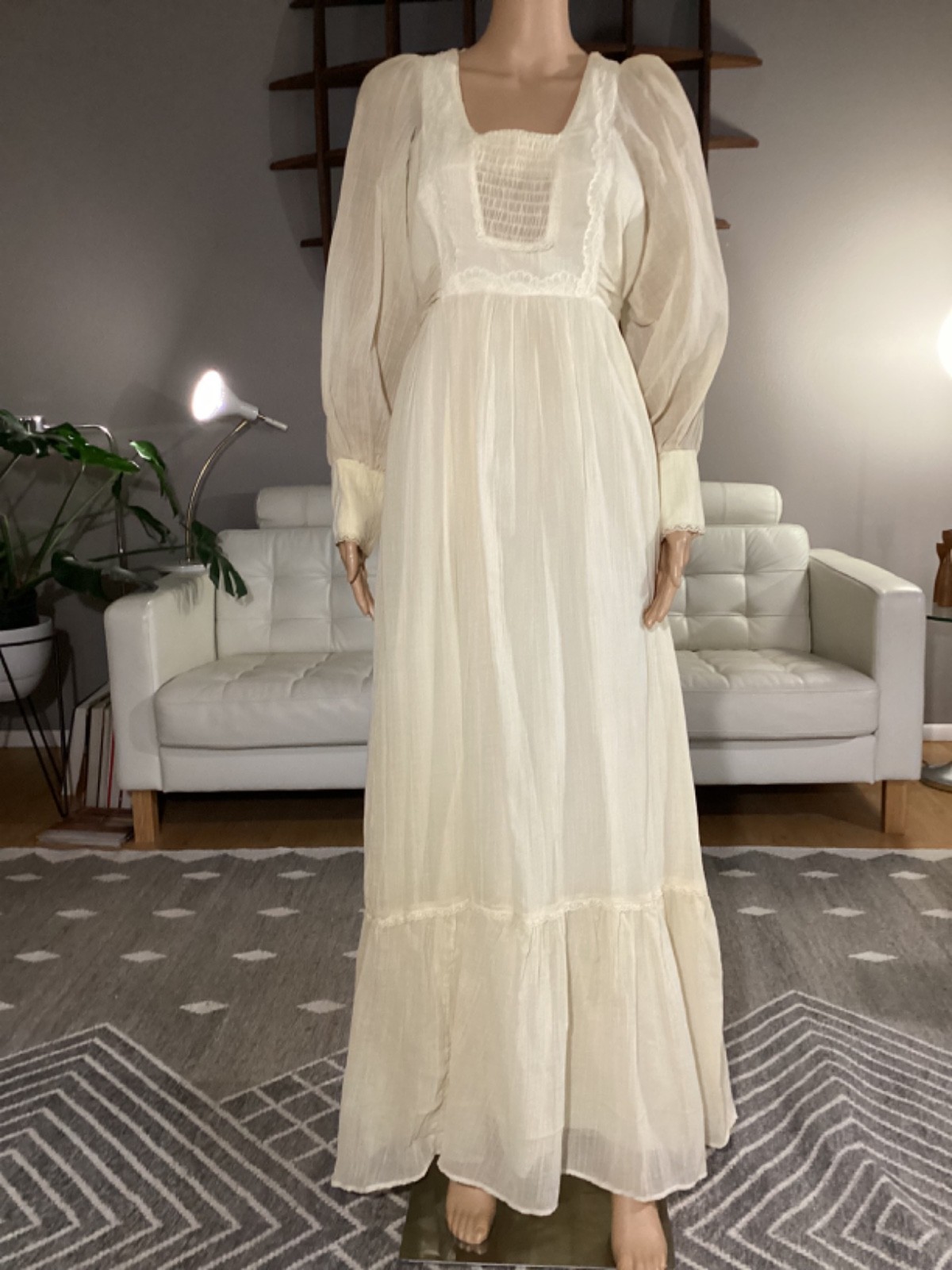 Vintage 1970&rsquo;s Creamy Ivory Gauze Boho Hippie Prairie Maxi Dress Lace Sz 12