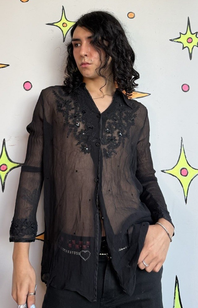 Black Sheer Silk Beaded Blouse Embroidered Evening Top Luxe Glam Whimsigoth XL