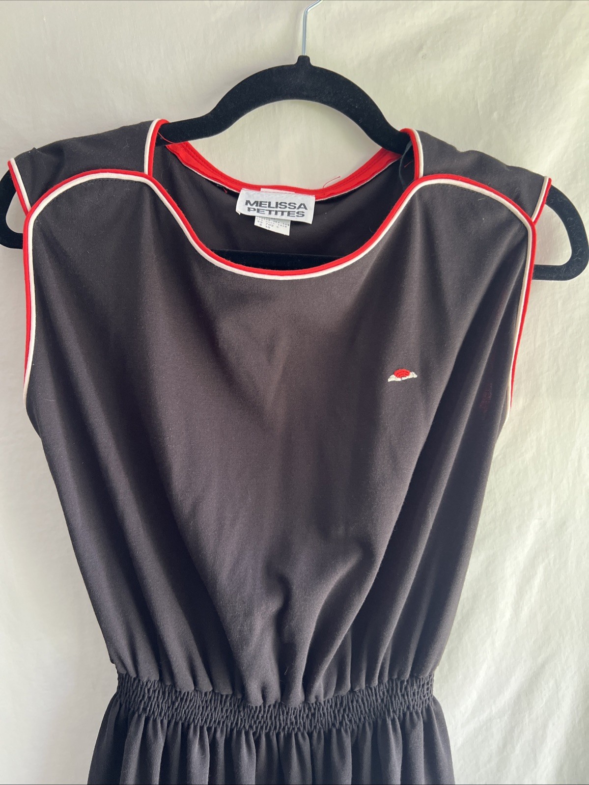 1980s Melissa Petites Black Athletic Style Midi Dress Red & White Piping Size 10