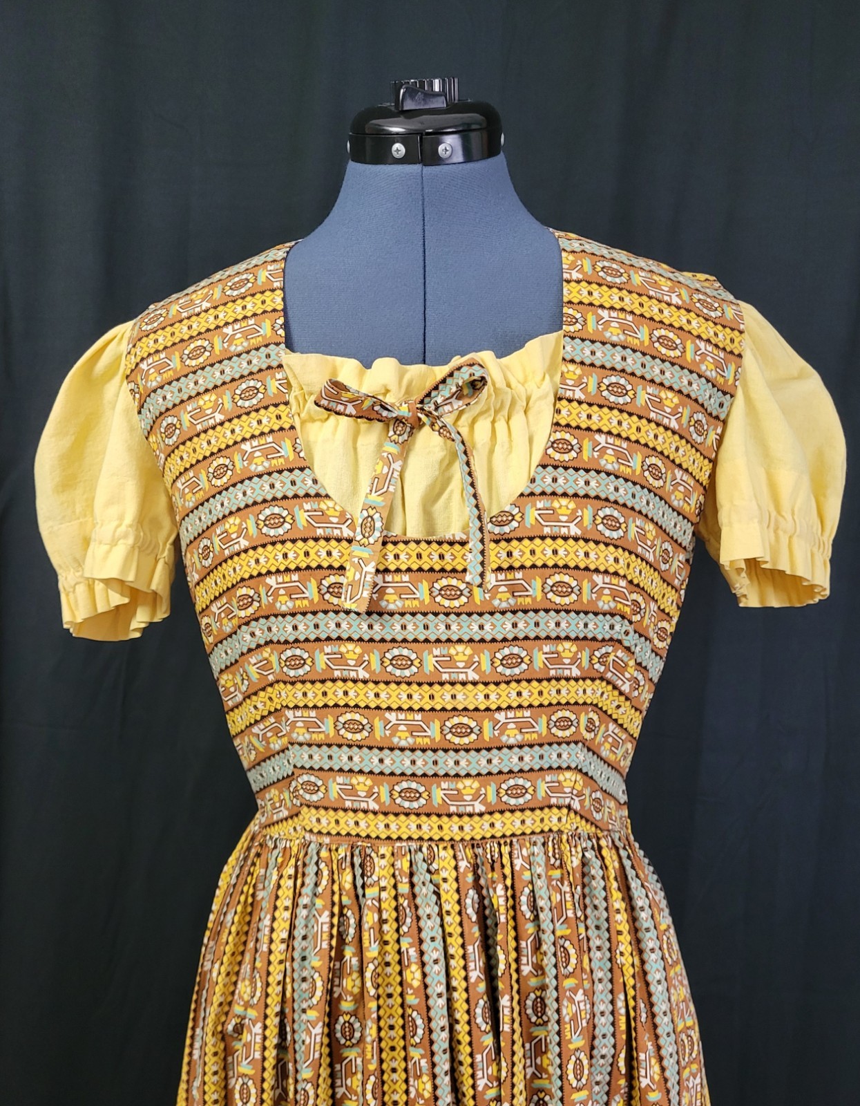 Vintage Dirndl Dress w Blouse in Brown/Yellow/Blue Pattern Size Small?
