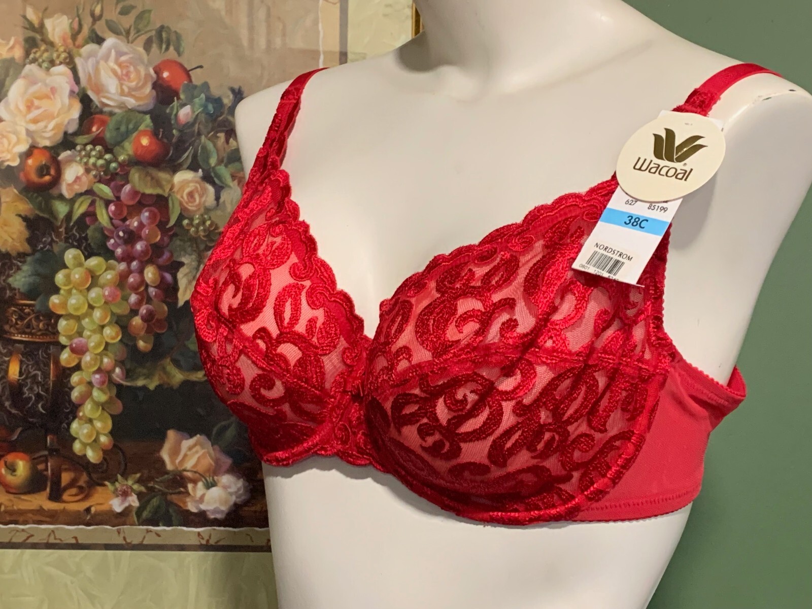VINTAGE WACOAL 85199 ~ RED ARABESQUE SEMI SHEER FULL FIGURE UNDERWIRE BRA 38C