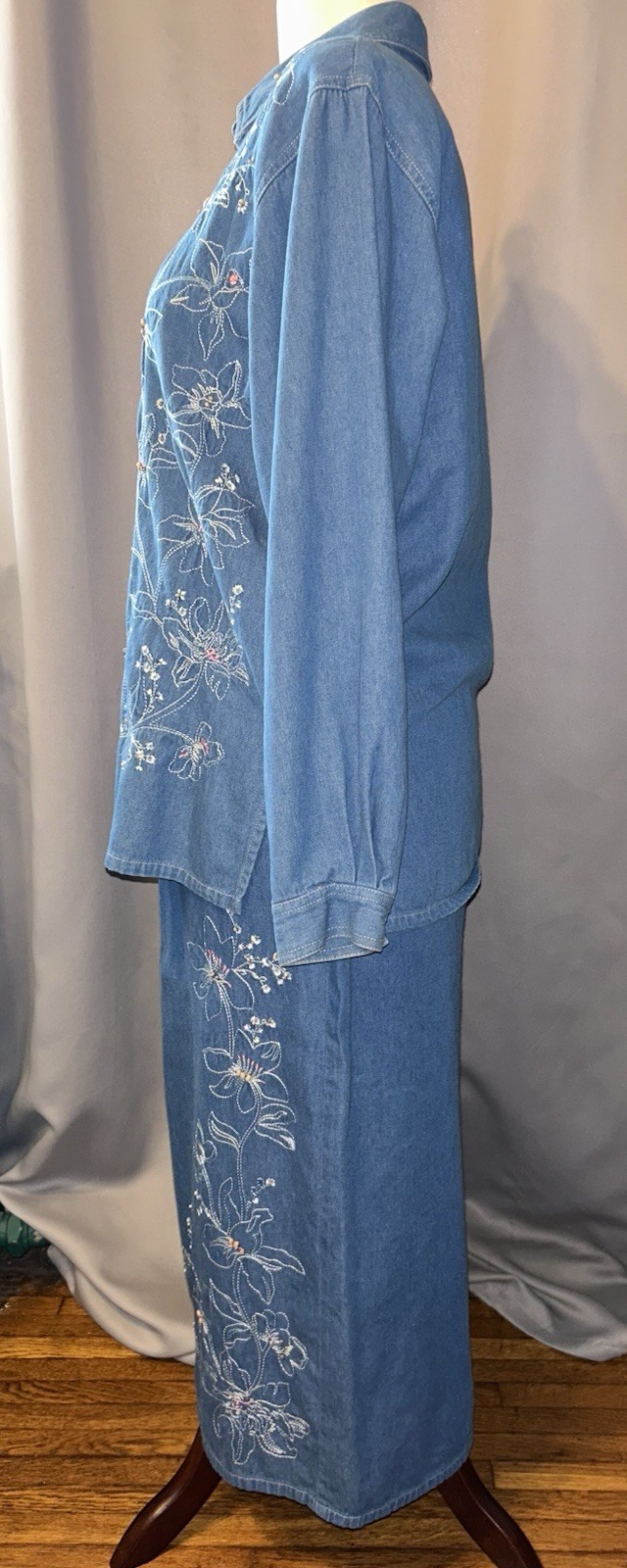 Vintage Cottagecore Embroidered Denim Two-Piece Maxi Set Women&rsquo;s