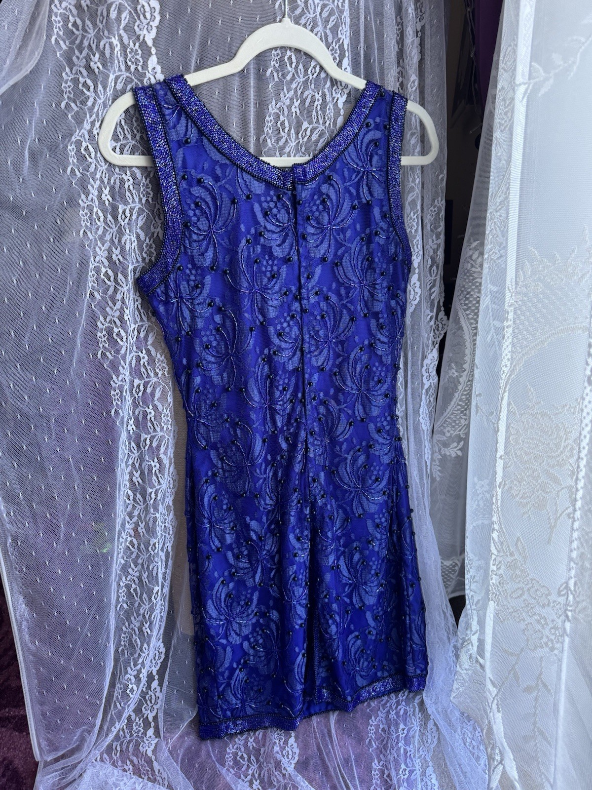 Vintage Fully Beaded Royal Blue Lace Party Dress (Size M-L) Special Occasion