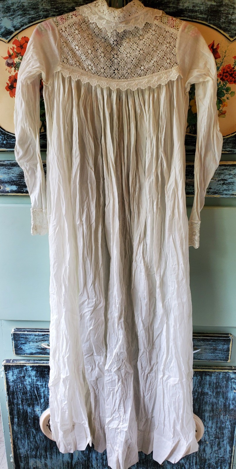 Antique Long Cotton Nightgown w/ Fancy Eyelet Bodice & Front Panel – XS/S