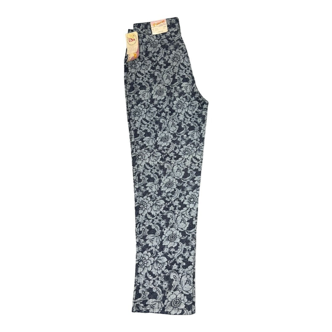 Vintage PIZZAZZ Women&rsquo;s All Over Lace Print Blue Denim PANTS 15/16 DEAD STOCK