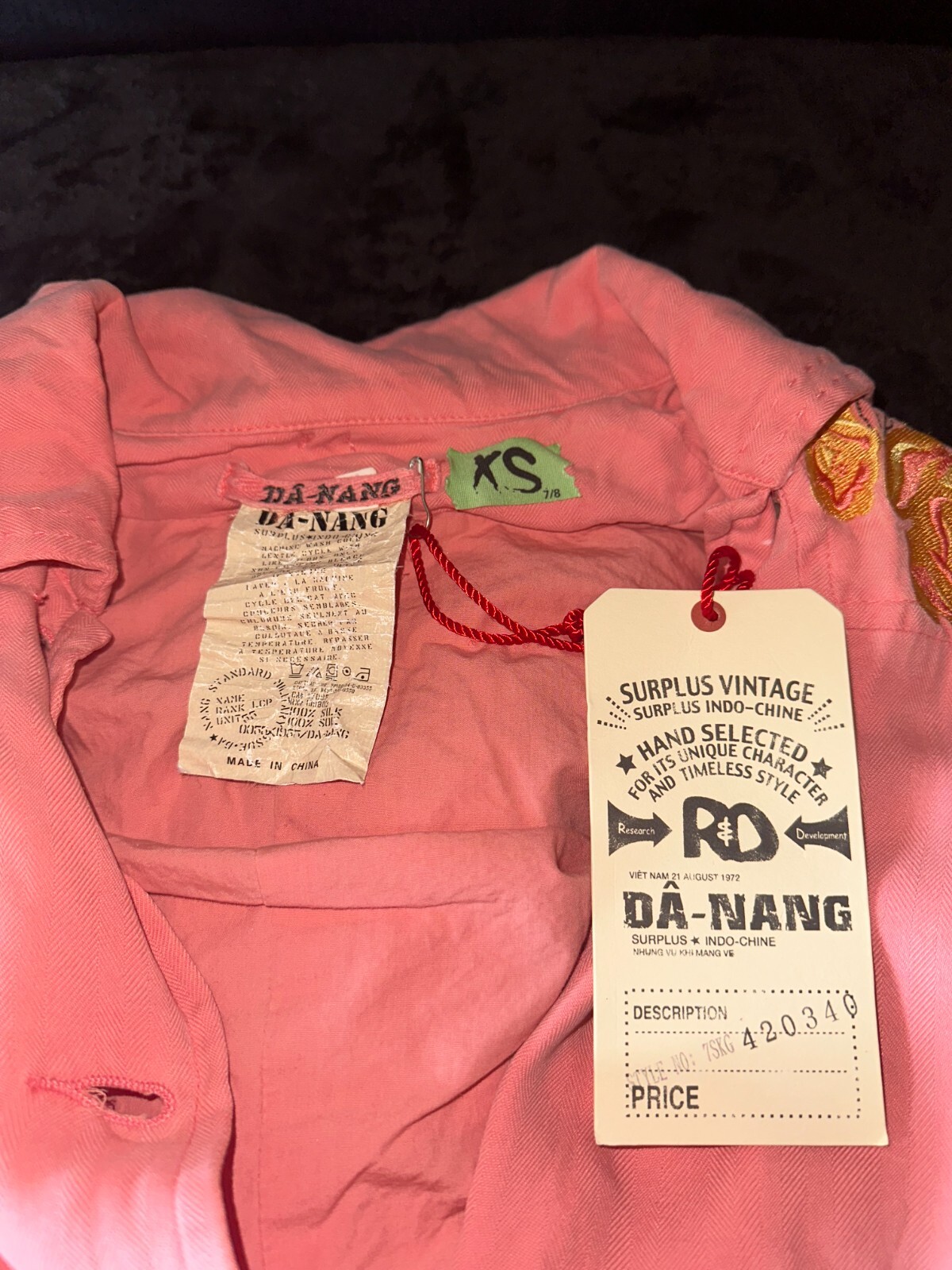DA-NANG Surplus Indo-Chine Peach Embroidered Utility Cargo Jacket Sz XS NWT