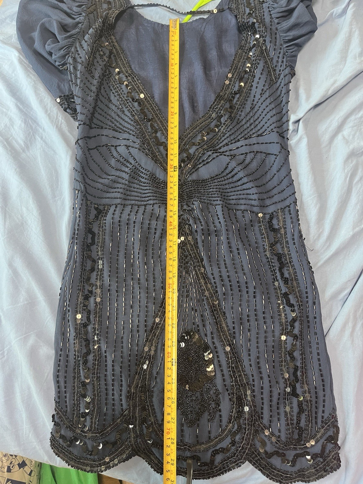 Vintage 1920s Style Silk Flapper Dress Beaded Sequin Gatsby Party Blue XS UK 8