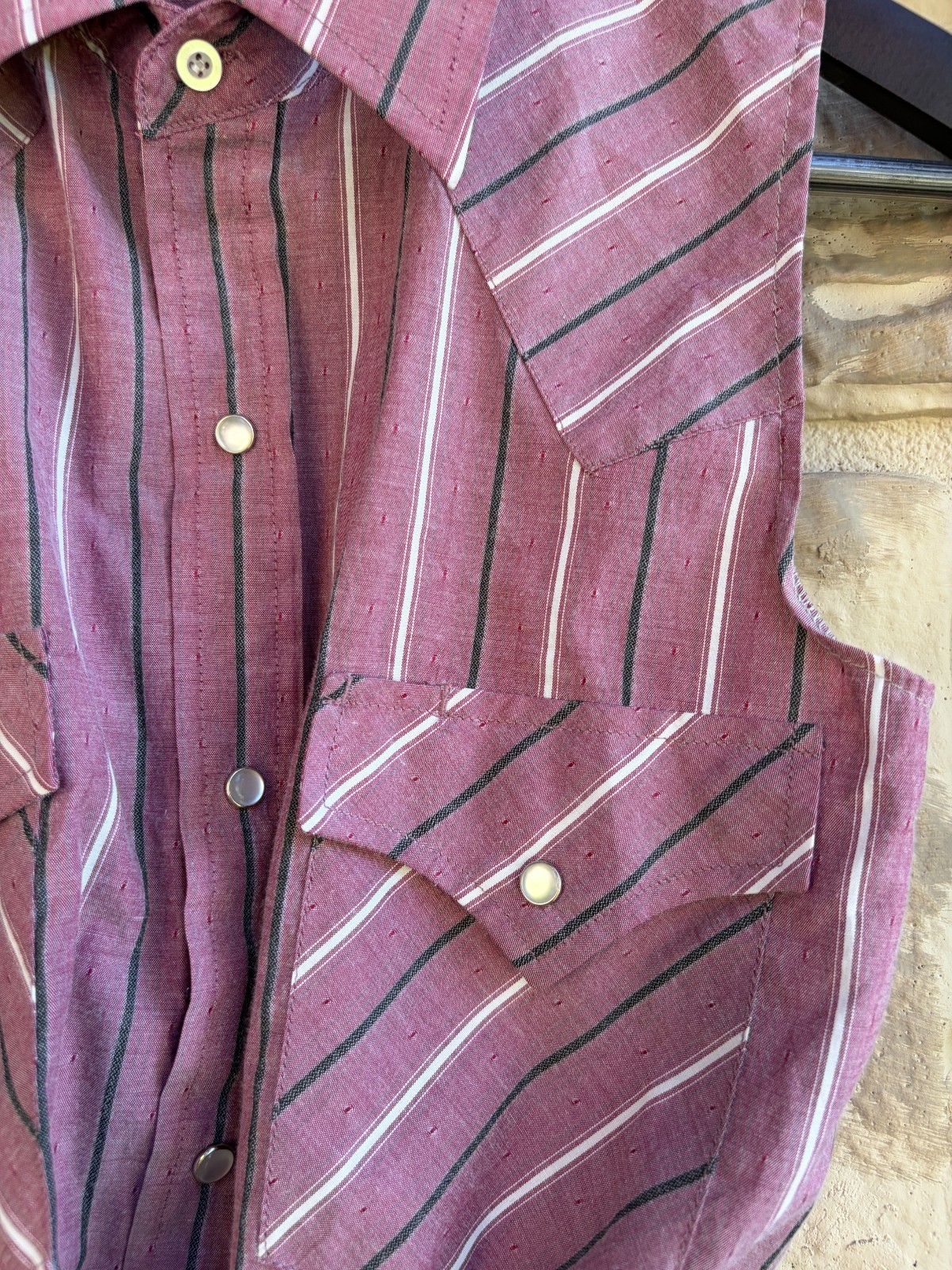 Vintage ELY Cattleman Sleeveless Western Shirt Pink Striped Snap Front Size 15