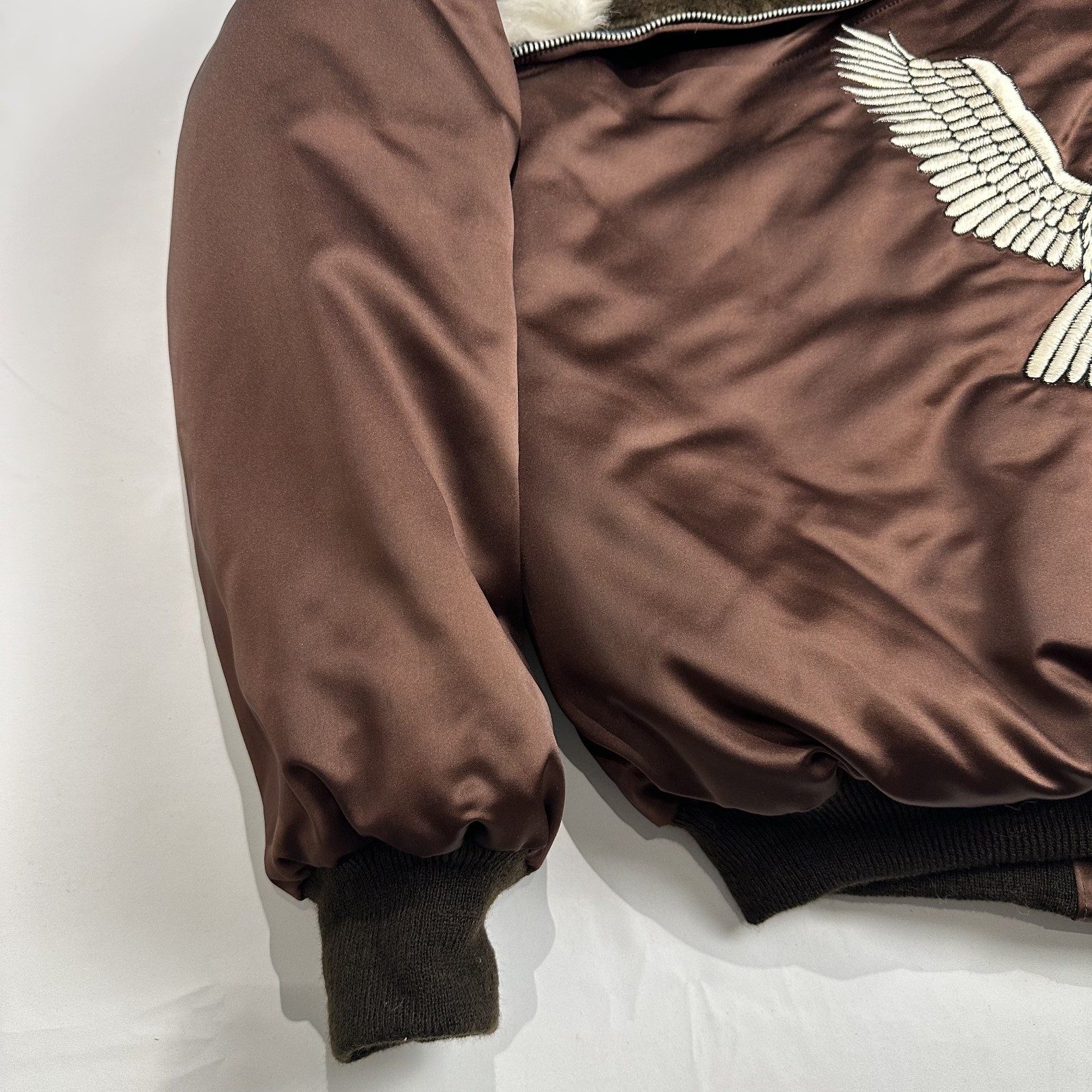 70s VTG Bomber Korea Souvenir Jacket Eagle Faux Fur Split Hood Embroidered Large