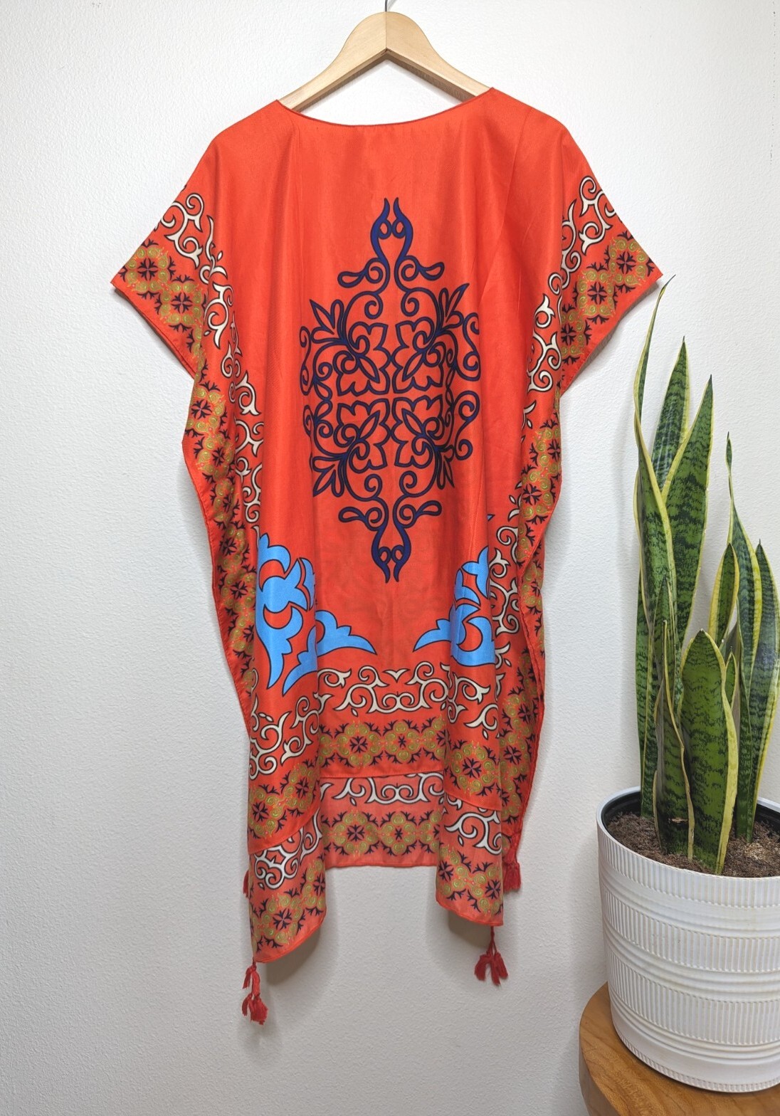 Vintage Short Sleeve Kaftan Dress, One Size Red Tribal Boho Beach Cover Up A7