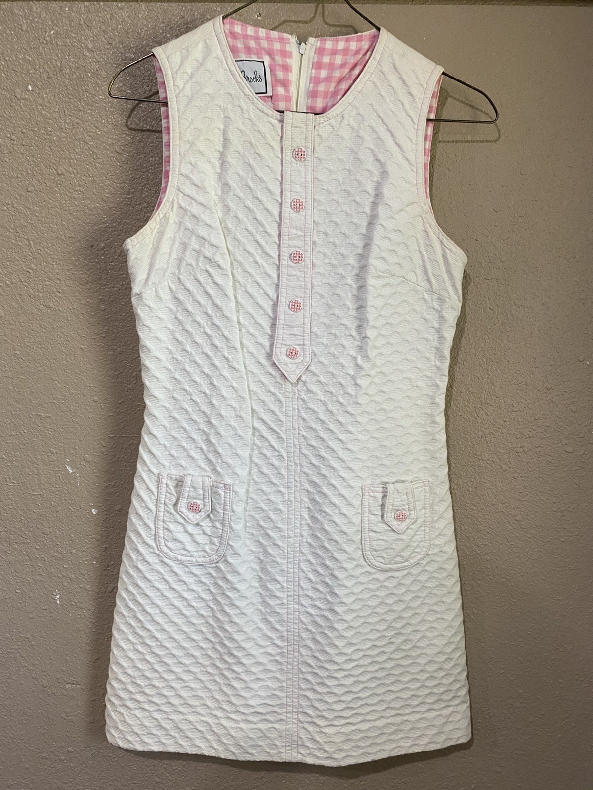 VTG Bobbie Brooks Shift Dress Pink White Sleeveless Gingham Check Buttons Sz S