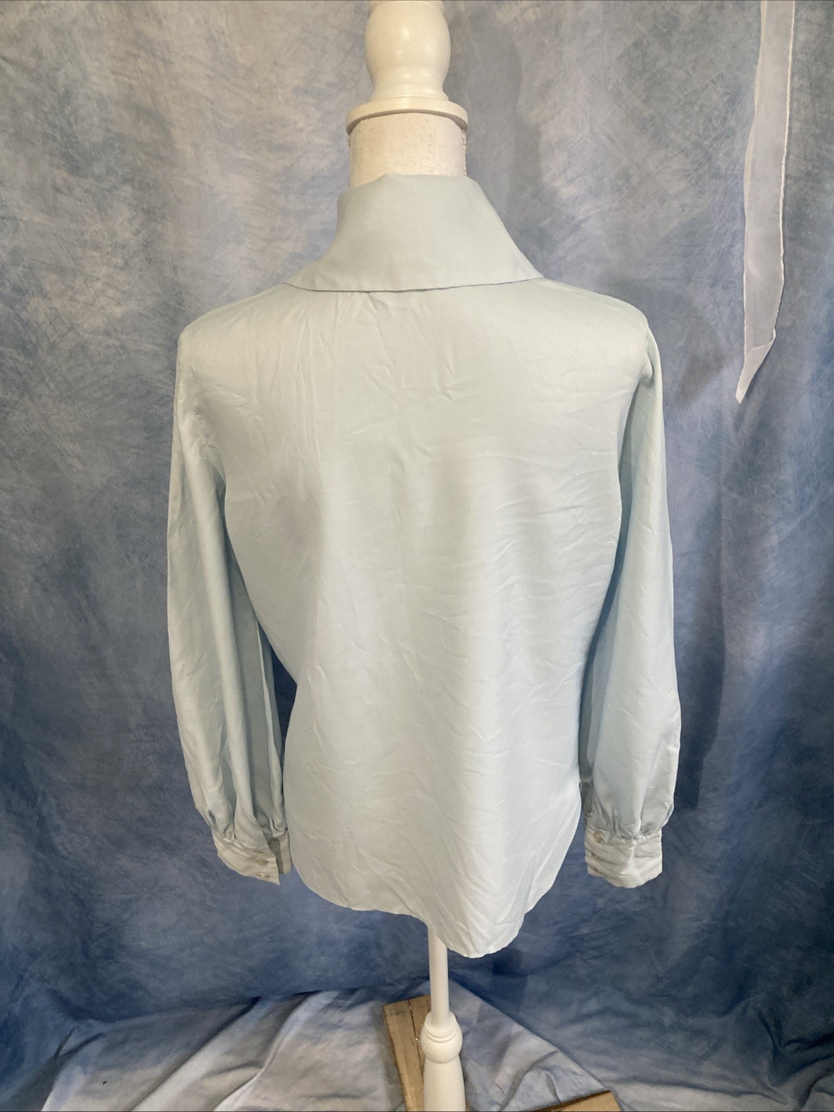 VTG Miss Chris Blue Ruffle Jabot Blouse 70s Secretary Victorian Union Made XS/S