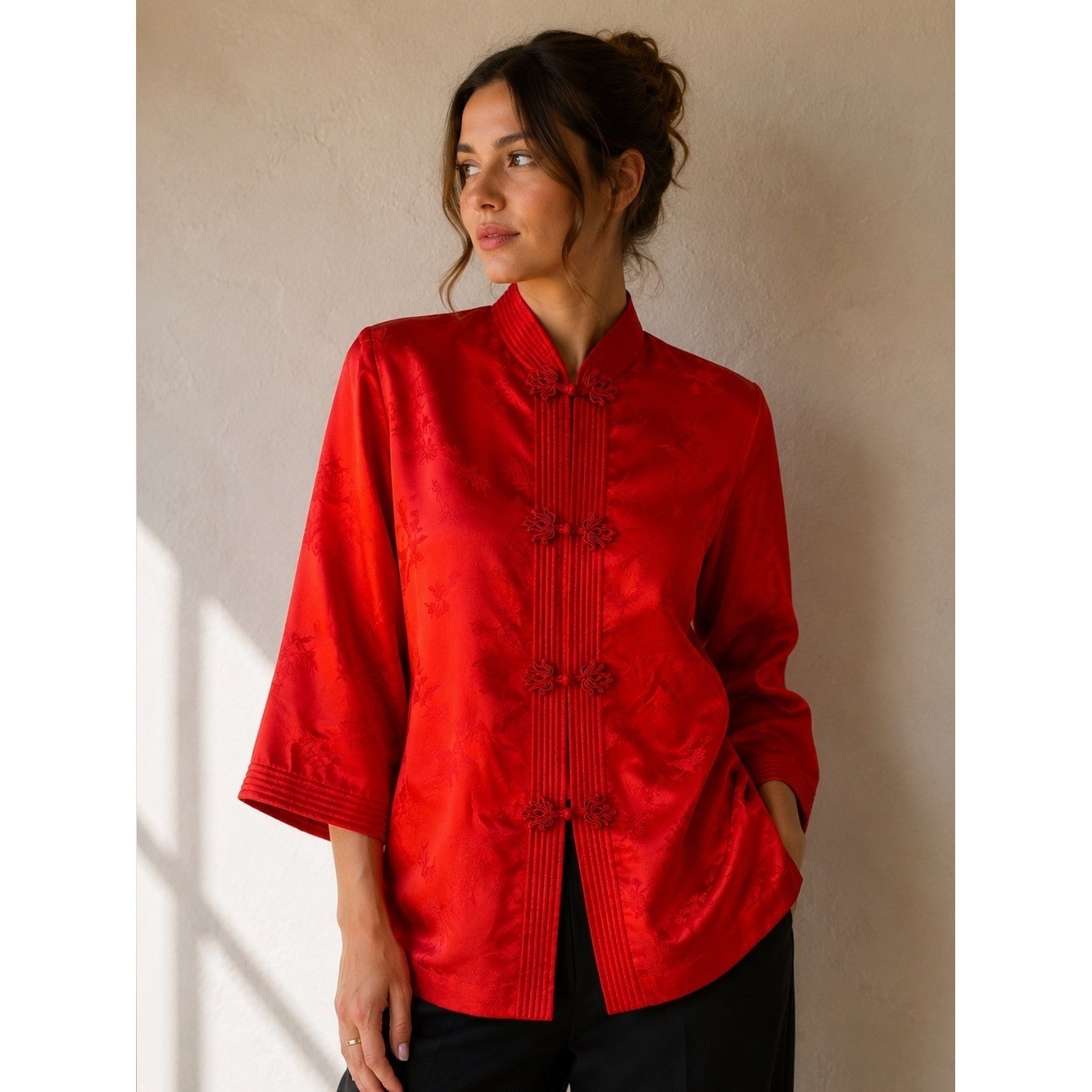 Vintage Red Mandarin Frog Closure Satin Jacquard Jacket Chinese Brocade Artwear