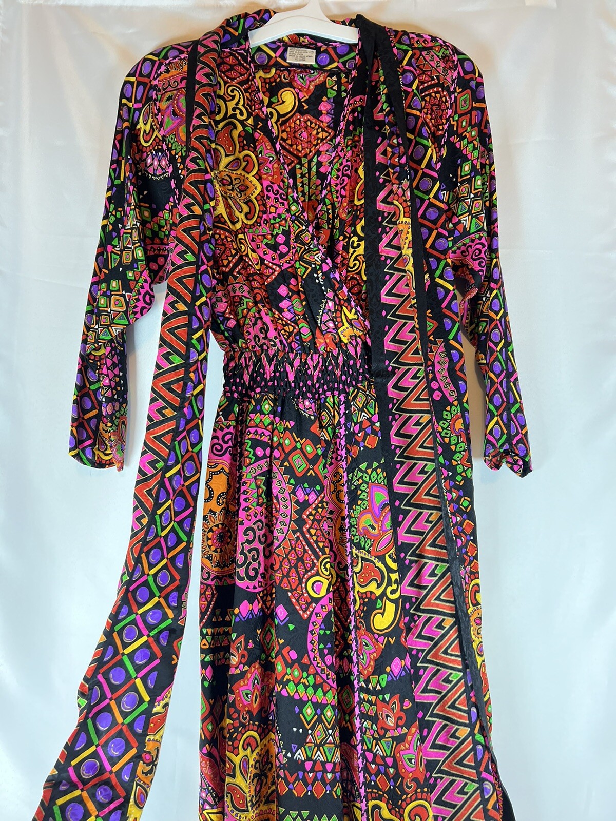 DIANE FREIS Original Vintage 1980s Multi-Color Print Midi Dress 100% Silk