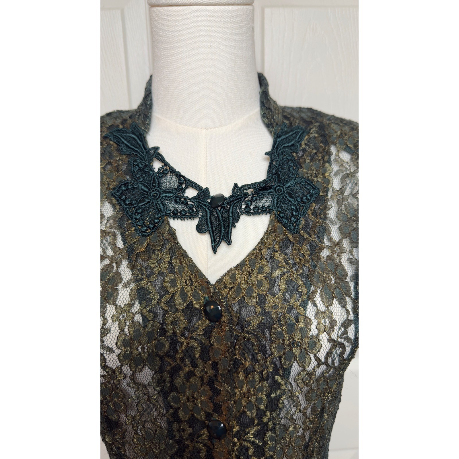 DBY Ltd VTG Y2K Green Gold Iridescent Lace Maxi Dress Button Front Sheer Duster