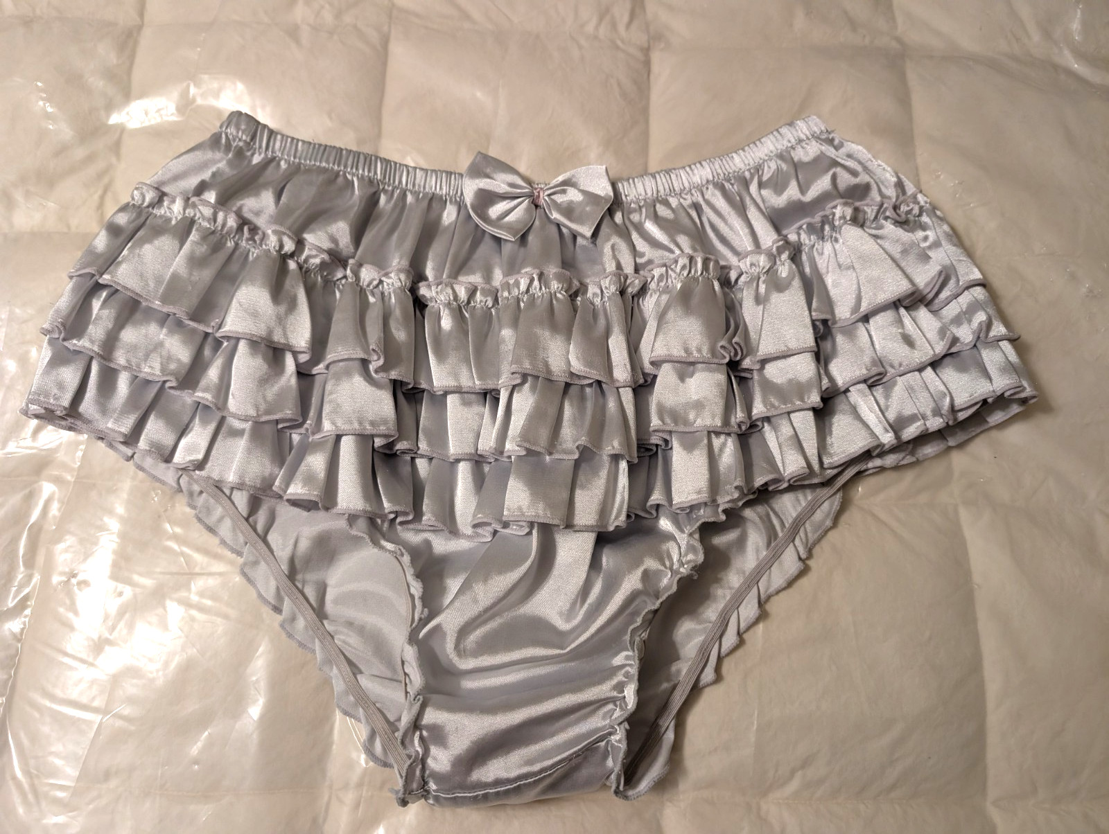 Satini Frilly Silver Sissy Ruffled French Knickers Silky Satin