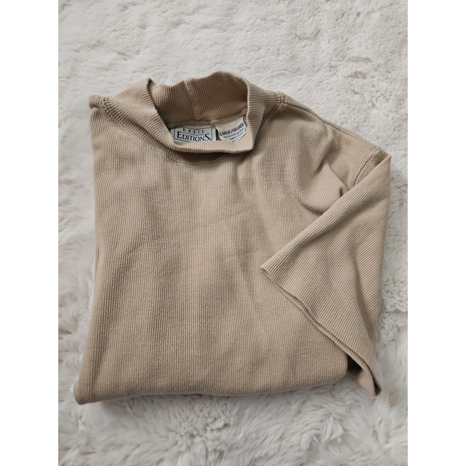 Vintage 90s Basic Editions Ribbed Mock Neck Short Sleeve Top L Tan