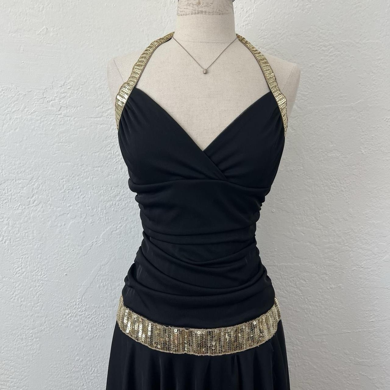 Vintage 2000’s Ruby Rox black and gold sequin halter mini dress Sm