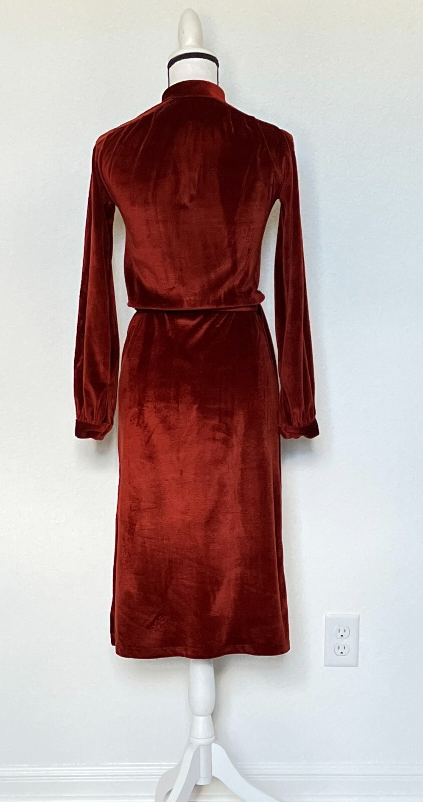 1970s Copper Velour Belted Dress, Vtg Rust Orange Dress with Belt