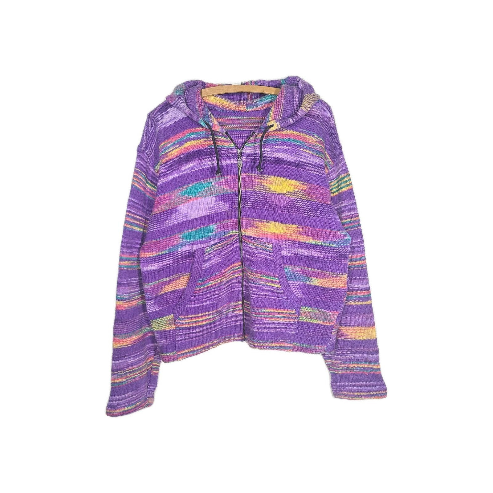 Vtg 90s Space Dye Sweater 100% Cotton Nepal Knit Rainbow Purple Hooded Metal Zip