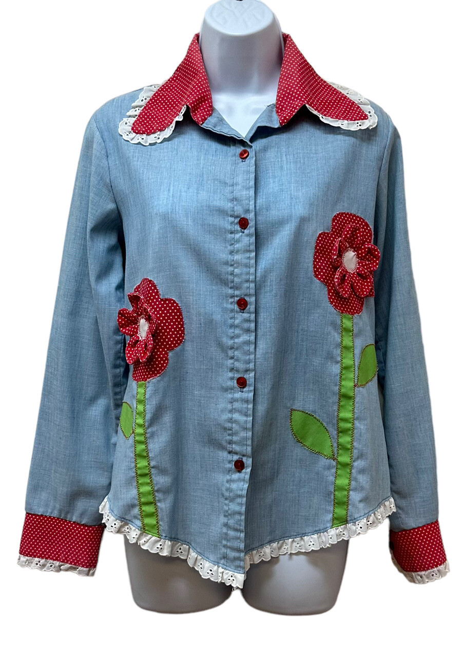 Vintage Eyelet Ruffle Patchwork Hippie Chambray Blouse Shirt Top Kitschy Flower