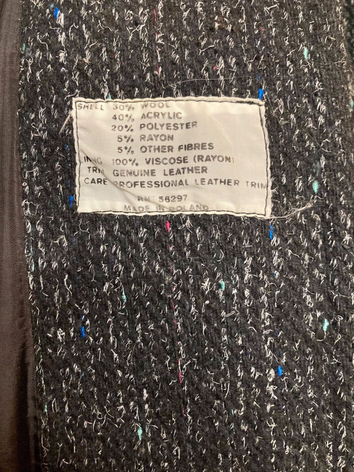 BBI Black Women&rsquo;s Vintage Textured Tweed Wool Overcoat w/ Leather Trim L XL 