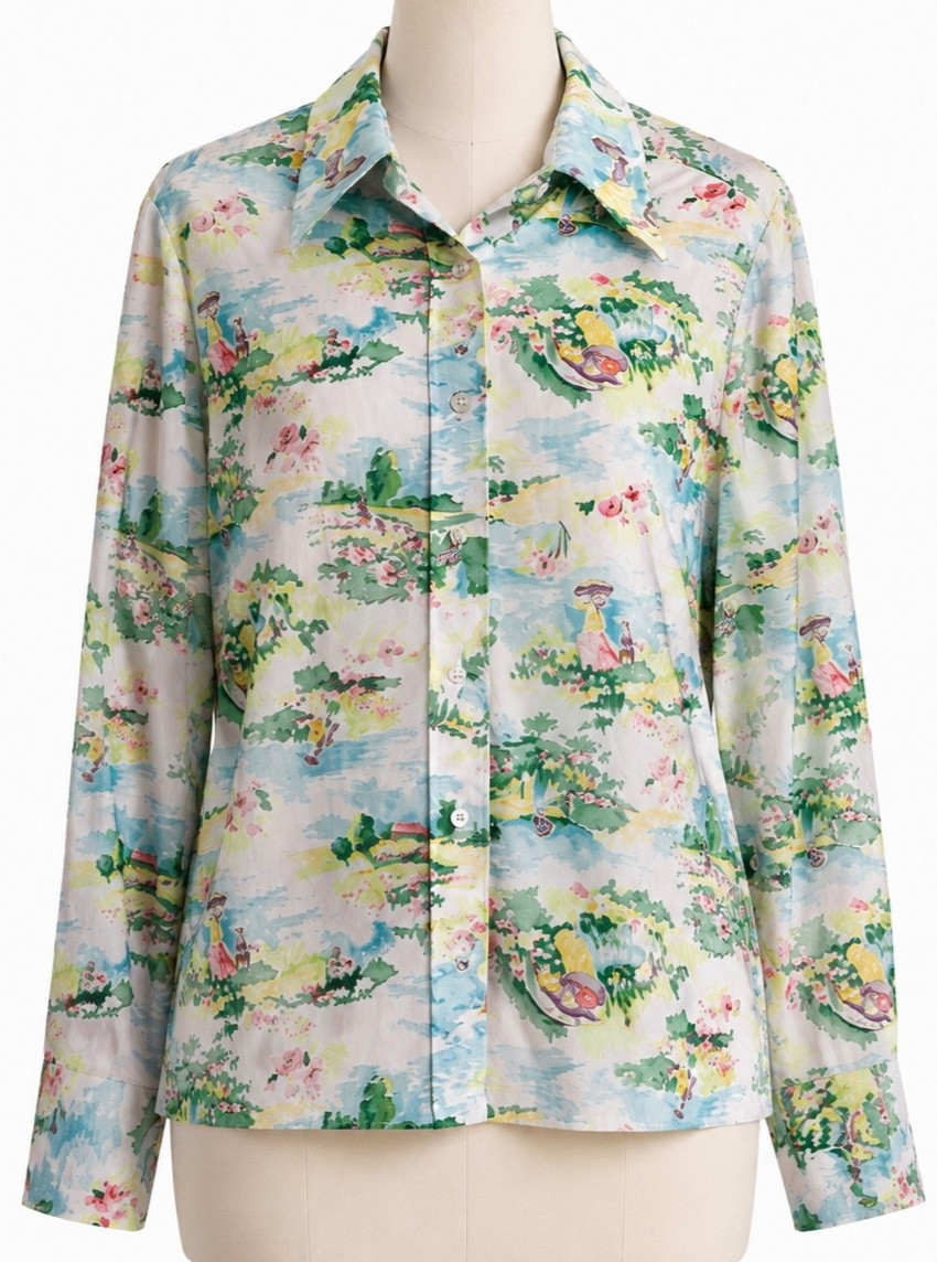 Vintage Two East 1970s Blouse 17/18 Pastoral Scene Boho Hippie Disco Wide Collar