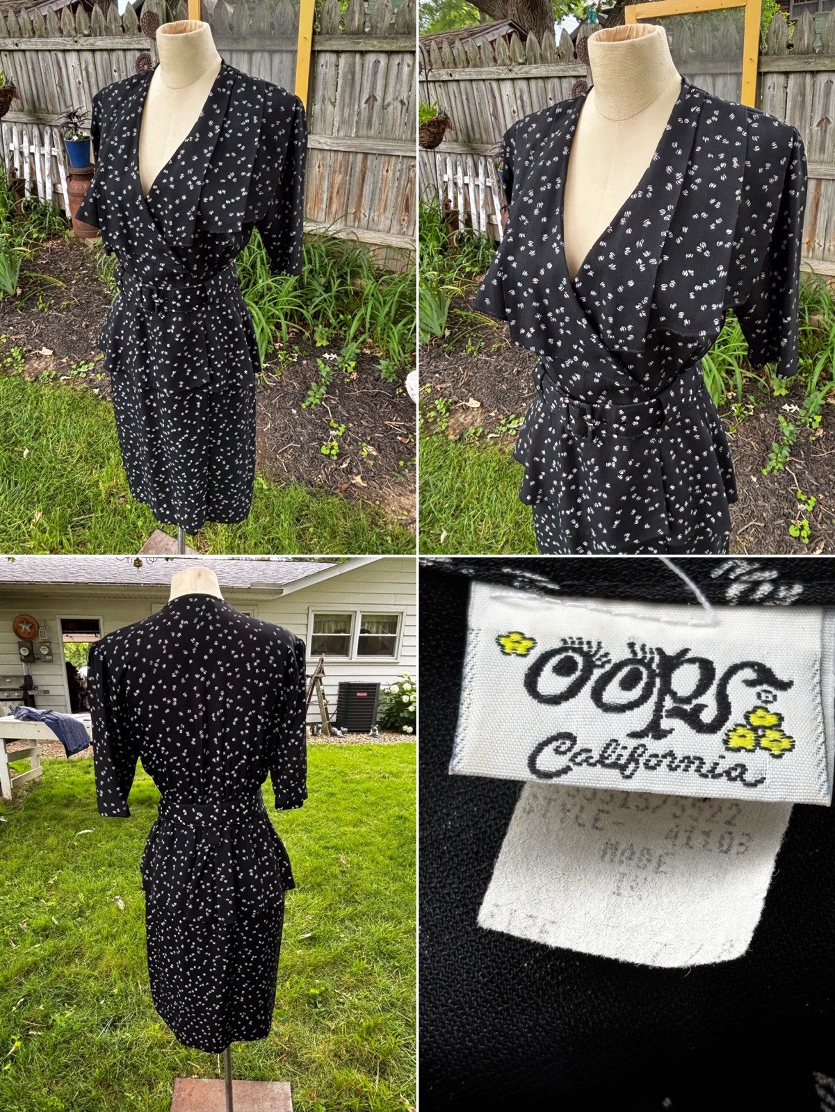 VTG Black Dress OOPS CALIFORNIA 80s does 40s Peplum Belt Sz 7/8 36x28x36&Prime;