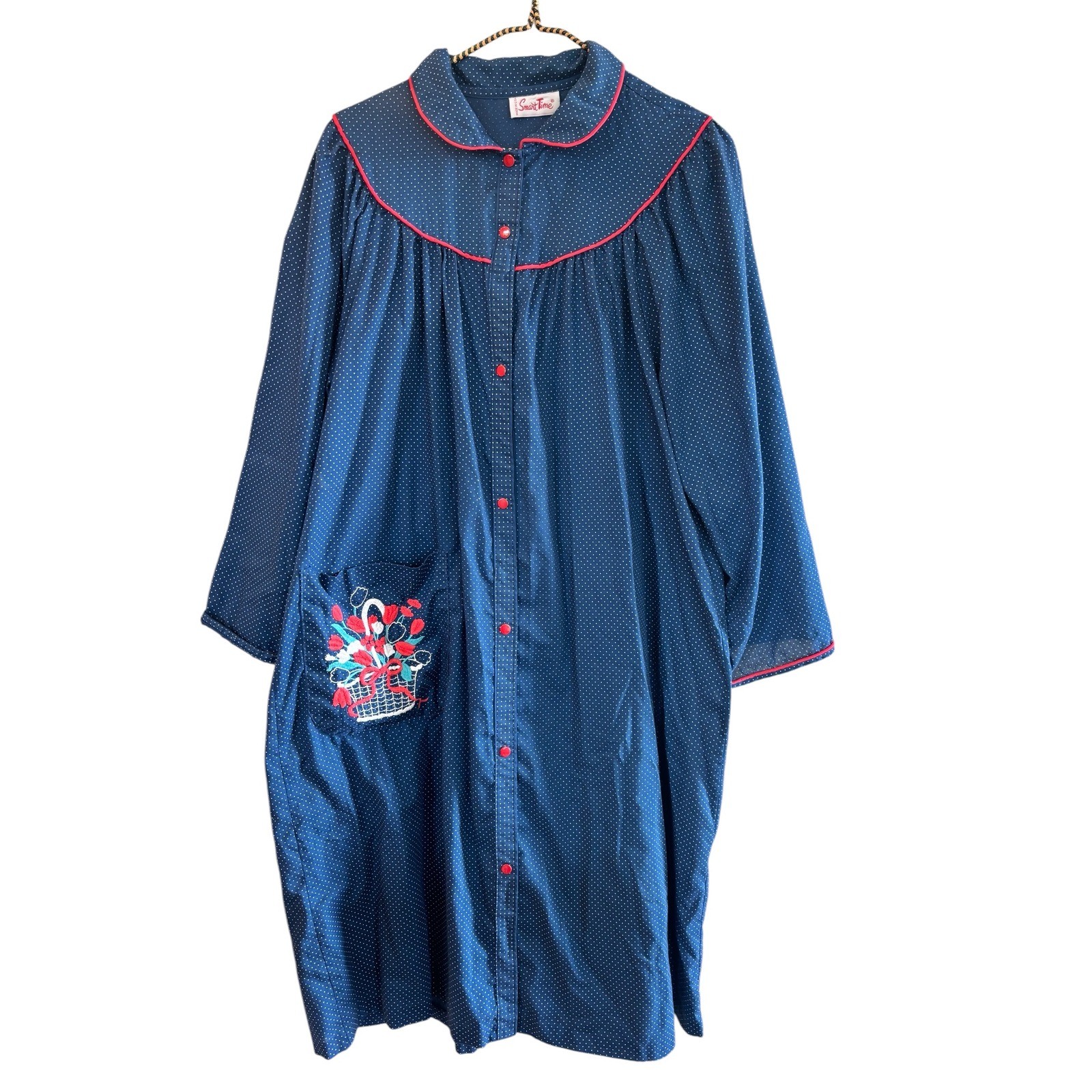 Vintage Smart Time Polka Dot House Dress Snap Front Duster Robe Blue Red XL