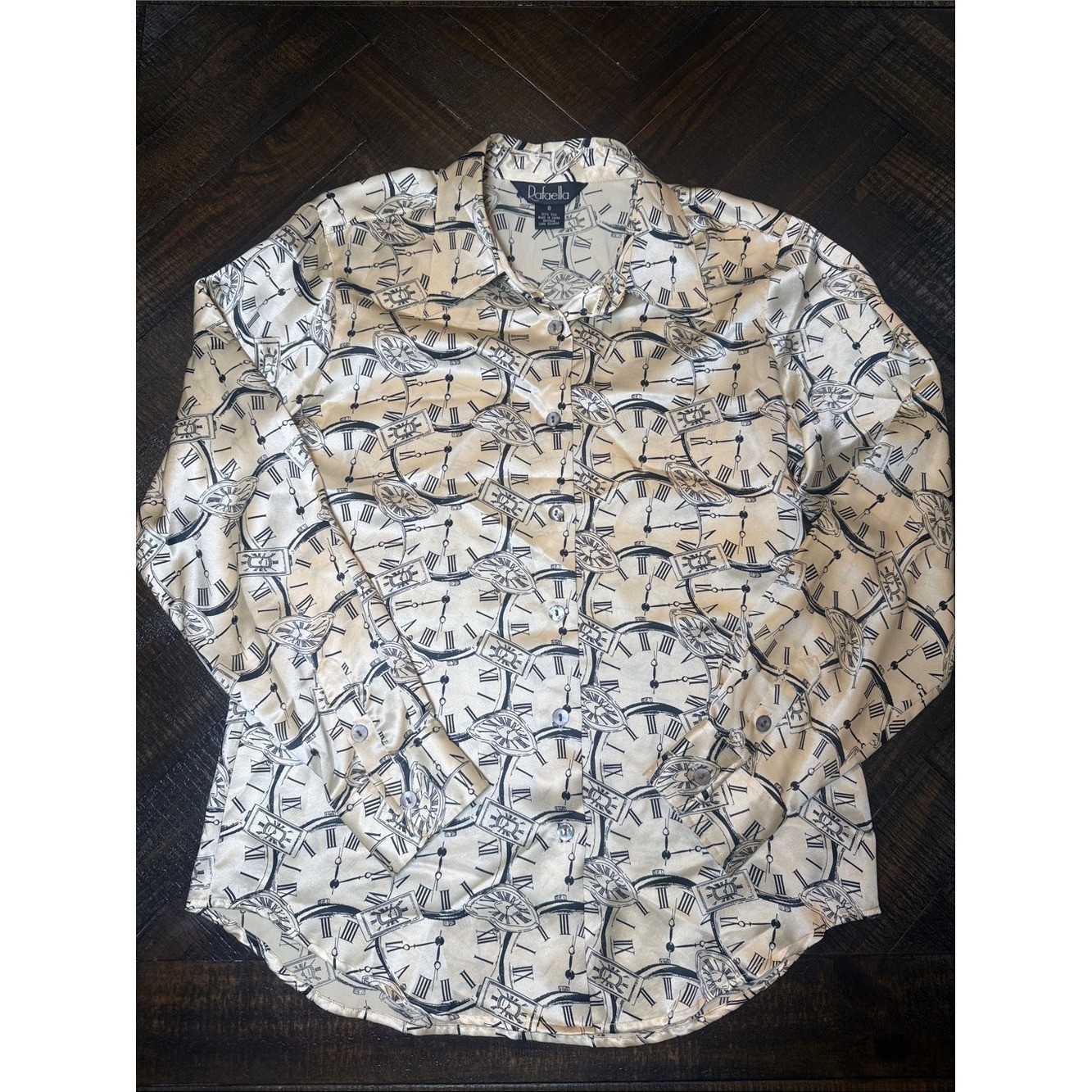 Vintage Rafaella 100% Silk Clock Print Blouse Size 8 Old Money Shirt