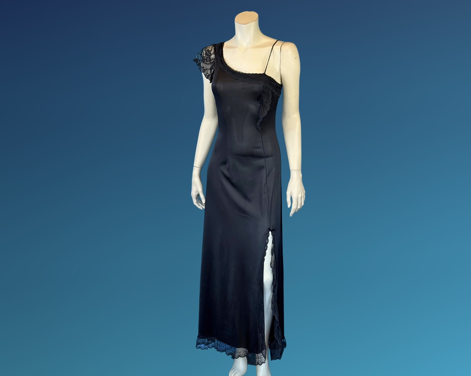 90s Dark Romantic Asymmetrical Black Negligee Slip Dress Nightgown | XS