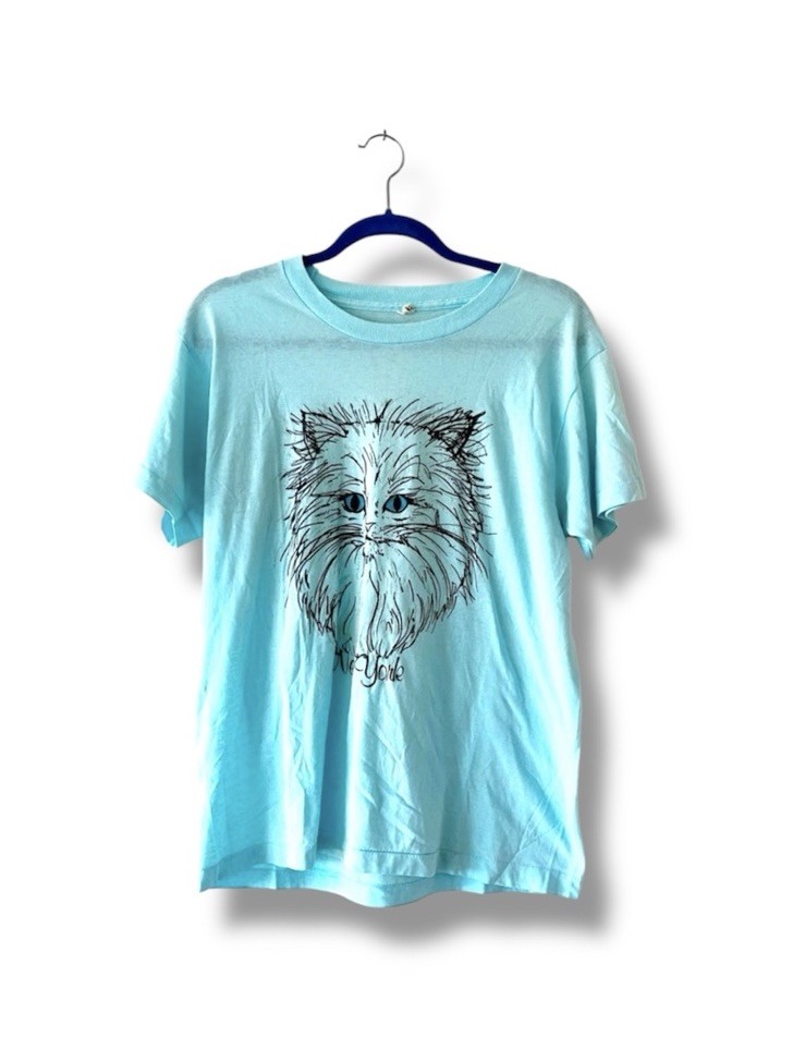 Vintage 80s Screen Stars Kitty Face New York Thin Aqua T-shirt Single Stitch M?
