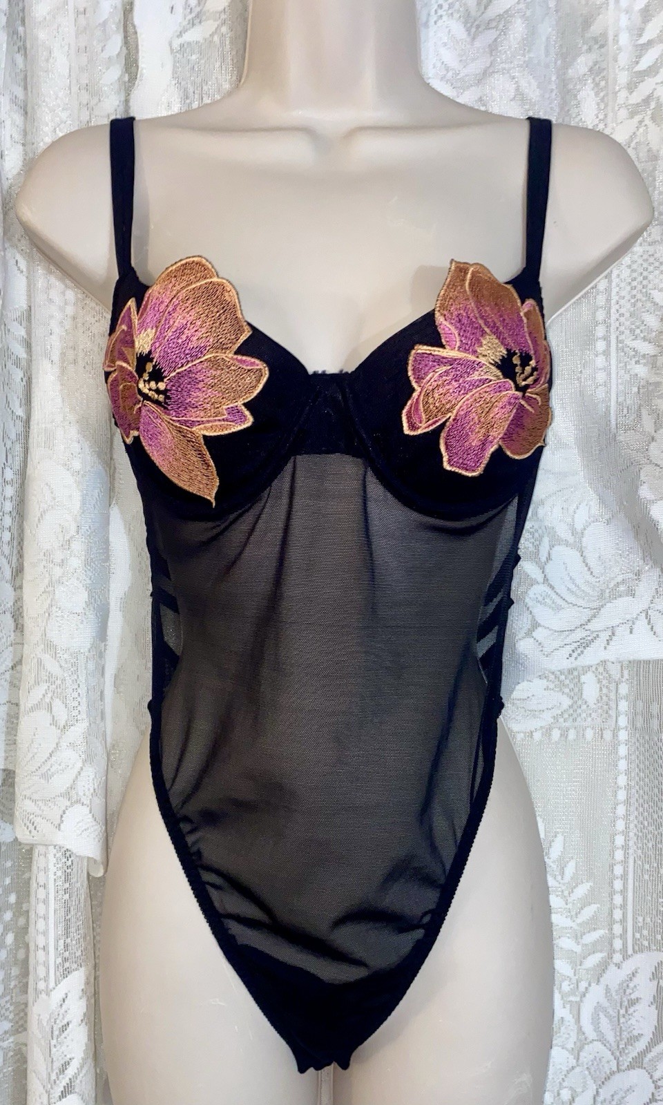 Vtg NWOT L Sheer Black UW Bra Top HIBISCUS Flowers Frederick&rsquo;s Teddy nightie