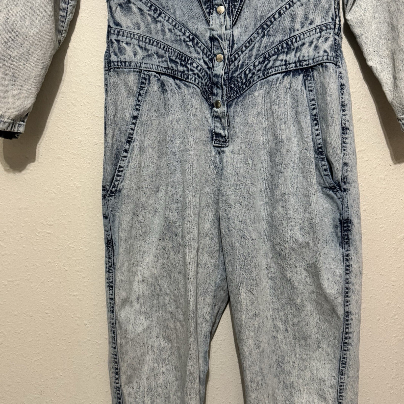 Vintage 80s Amdiano Italia Denim Acid Wash Jumpsuit size Medium pink leather gem