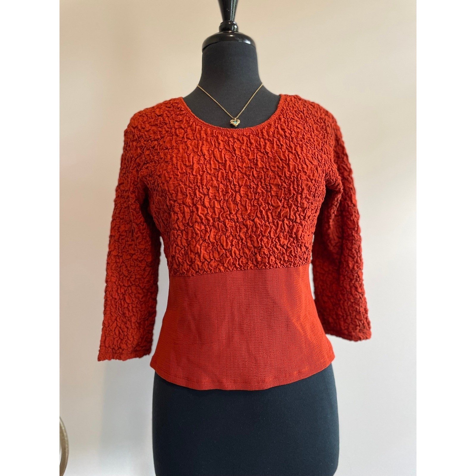 American Vtg Rust Orange Textured 3/4 BOHO Sleeve Blouse Top L