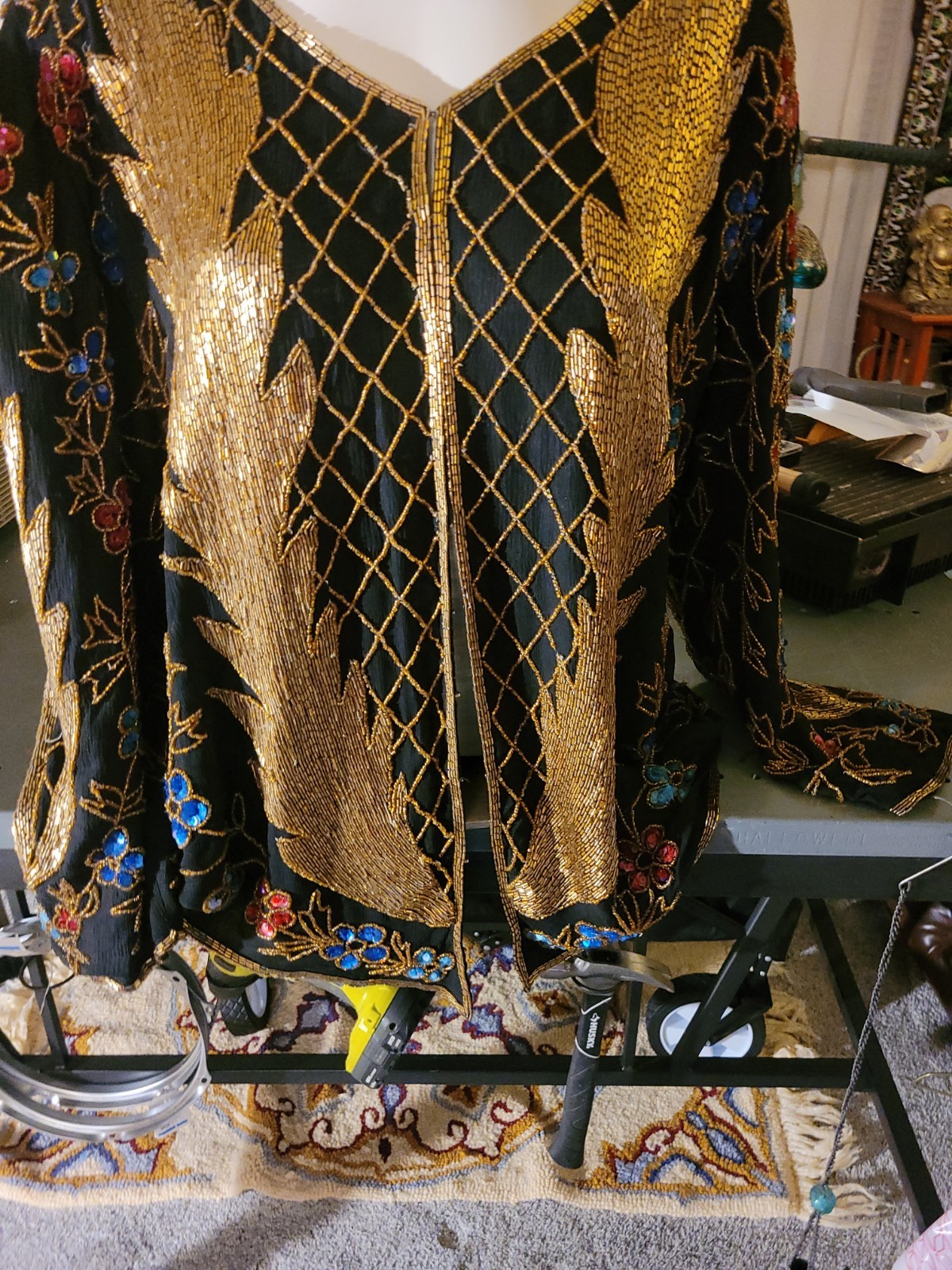 Vtg Royal Feelings Beaded Silk Jacket L Black Gold Sequin Floral Art Deco 80s